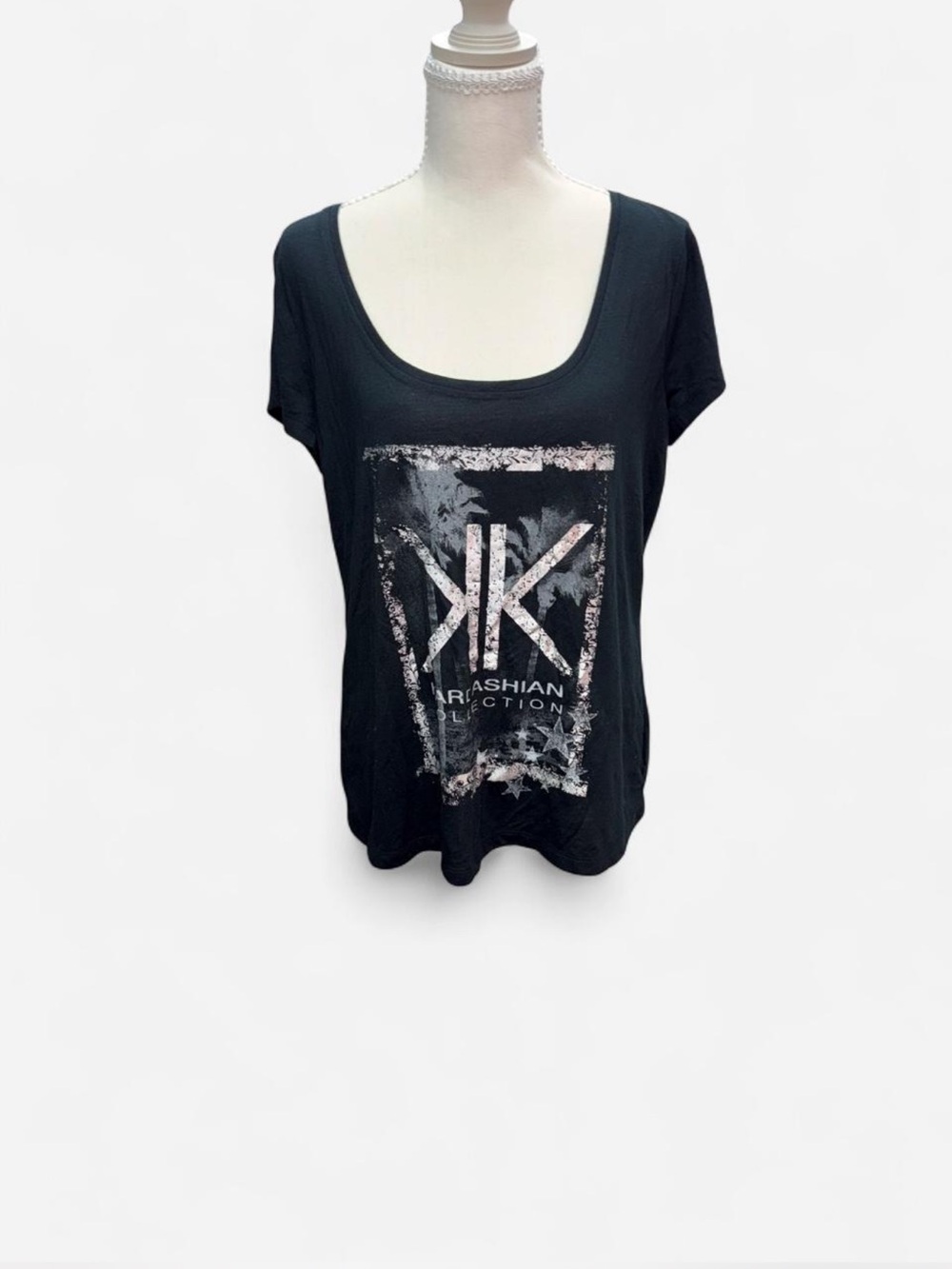 Kardashian Kollection Black Scoop Neck Logo Tee with Metallic Print